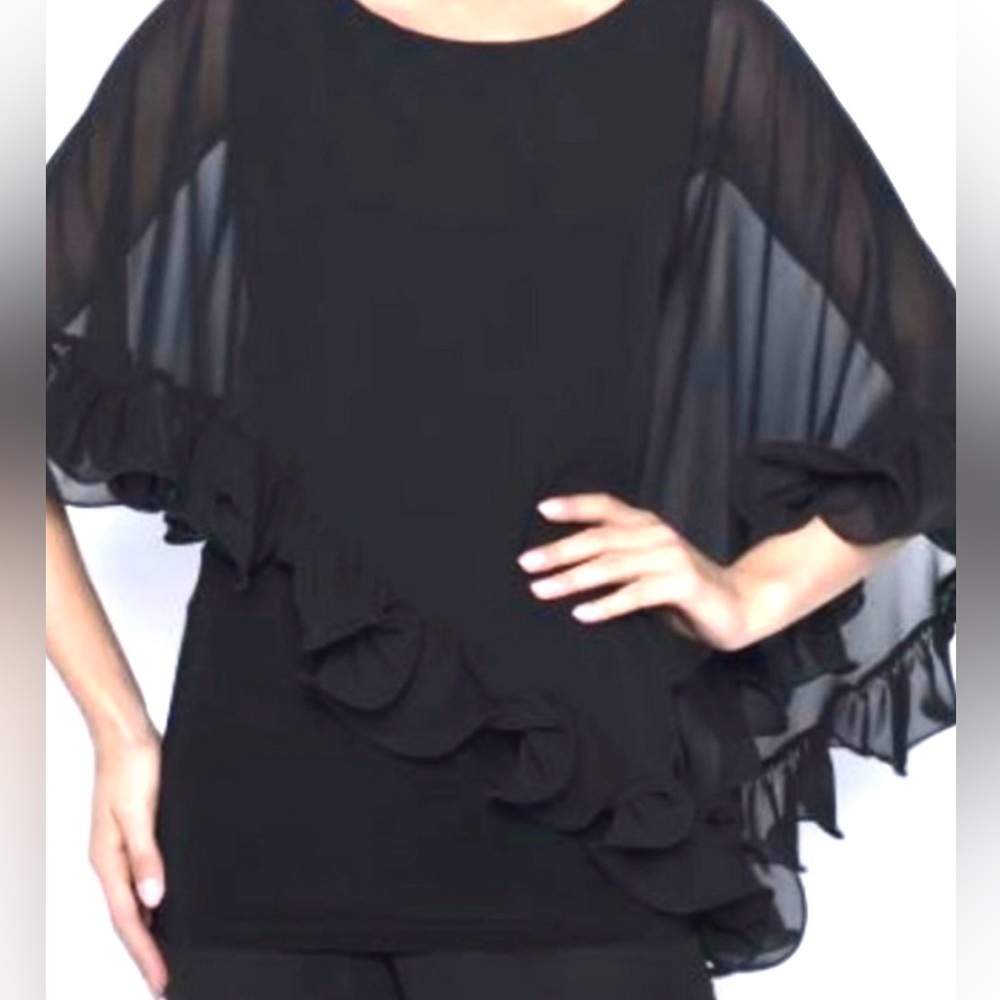 Women's Pullover Black Top With Attached Chiffon Ruffled Shawl Drape Size 18